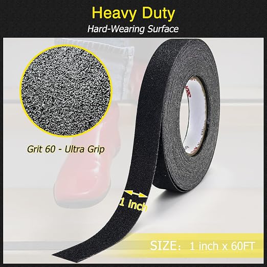 S&X Anti Slip Tape 1 Inch x 60 FT Roll, Black, Grit 60, Extended Length Non-Slip Skid Grip Tape for Outdoor Stair Treads, Wooden Steps & Exterior Grips – Waterproof, Long-Lasting Tread Strips