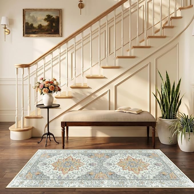 RELEANY Area Rugs Runner 2'6"x5' Washable Non-Slip, Floral Vintage Distress Medallion Carpet for Kitchen Hallway Bedroom Beside Laundry Room Bathroom, Beige Carbon Grey Orange