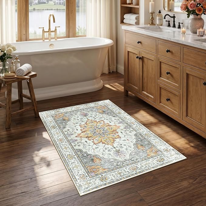 RELEANY Area Rugs Small 2'6"x4' Washable Non-Slip, Floral Vintage Distress Medallion Carpet for Kitchen Entryway Bathroom, Beige Carbon Grey Orange
