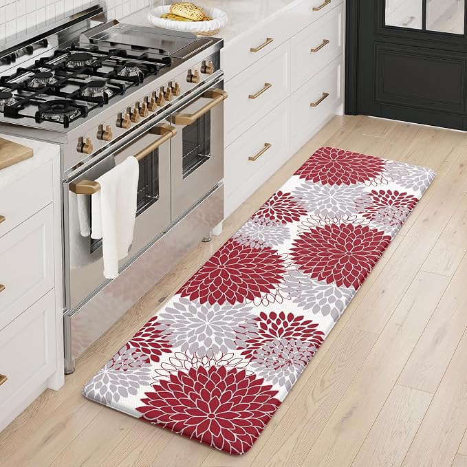 KIMODE Anti Fatigue Kitchen Mat, Cushioned Dahlia Floral Kitchen Runner, Non Slip Memory Foam Kitchen Mat for Floor, Waterproof Standing Desk Mat for Laundry, Office, Sink Red and Grey 17.3"x59"