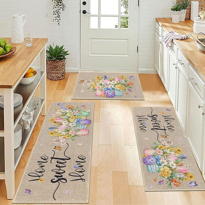 Vaukki Boho Kitchen Rug Sets 3 Pieces, Washable Kitchen Mats for Floor, Non Slip Soft Kitchen Area Rug Floor Mat for Kitchen, Laundry Room and Hallway (Spring Vase, 20''x32''+20''x47''+20''x59'')