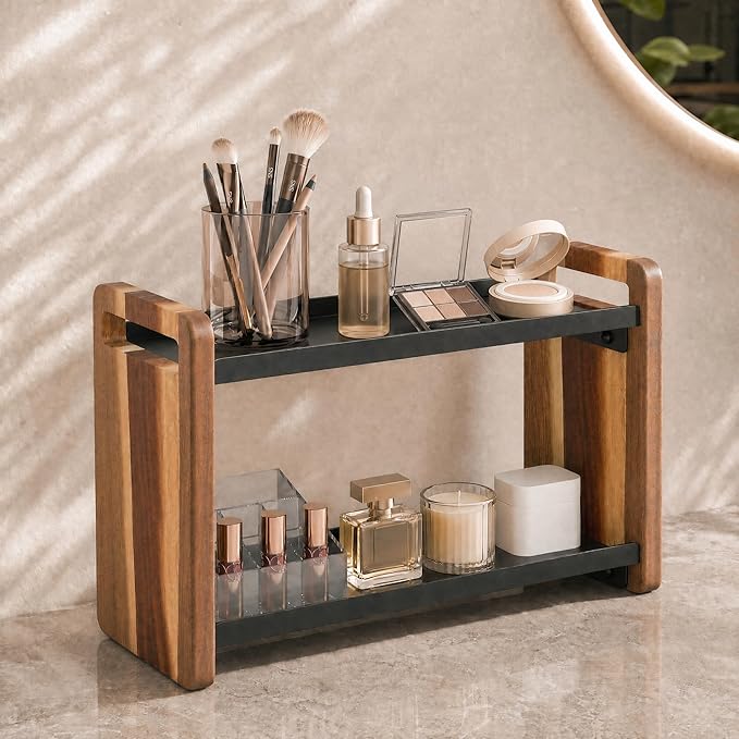 Narrow Solid Wood Bathroom Counter Organizer, Space-Saving Bathroom Storage Rack for Vanity, Multi-Purpose Kitchen Spice Rack & Bedroom Makeup Organizer(Acacia, 2 Tier)