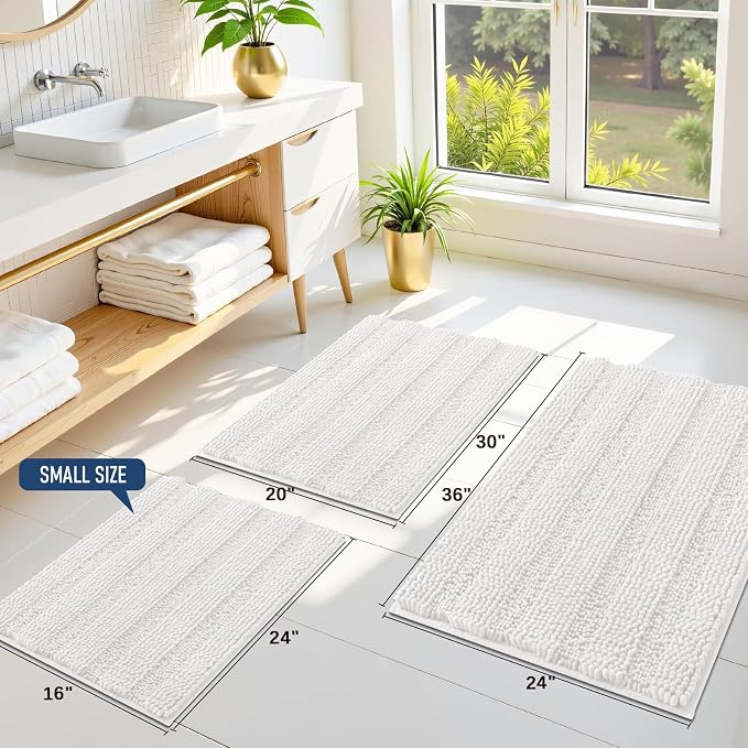 Grandaily Chenille Striped Bathroom Rugs 24x16, Extra Thick and Absorbent Bath Mats, Non-Slip Soft Plush Shaggy Shower Carpet, Machine Wash Dry, Bath Rug for Bathroom, (Small, Cream)