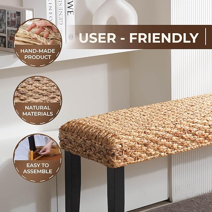 Solid Wood Acacia Indoor Bench with Natural Woven Seat, Boho Bench Entryway, Wood Bench for Living Room, Wooden Bench for Bedroom, Farmhouse Entryway Bench, Dining Benches (Black, Water Hyacinth)