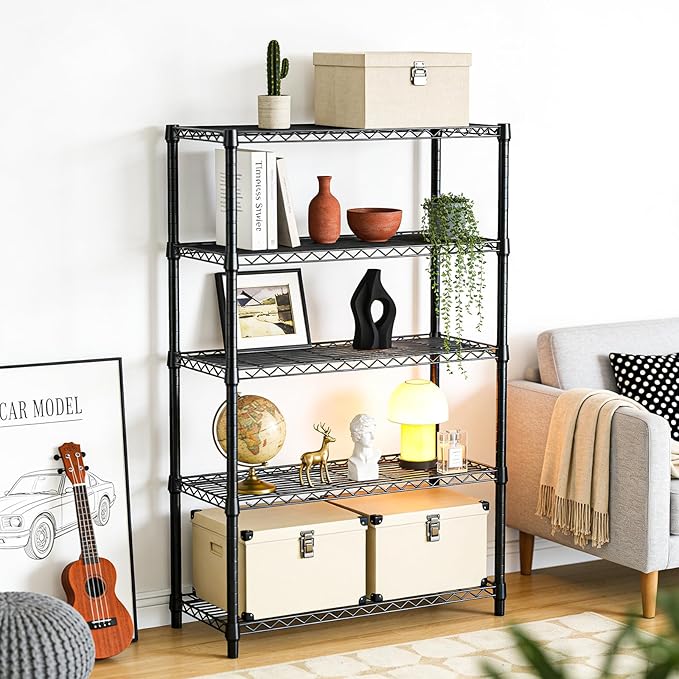 IZEUK 5-Tier Heavy Duty Metal Storage Shelving Unit, Adjustable Steel Wire Rack Shelf Organizer for Garage, Kitchen, Basement, Laundry, Office(Black, 17.7" D x 47.2" W x 72.3" H, 1750 lbs Capacity)