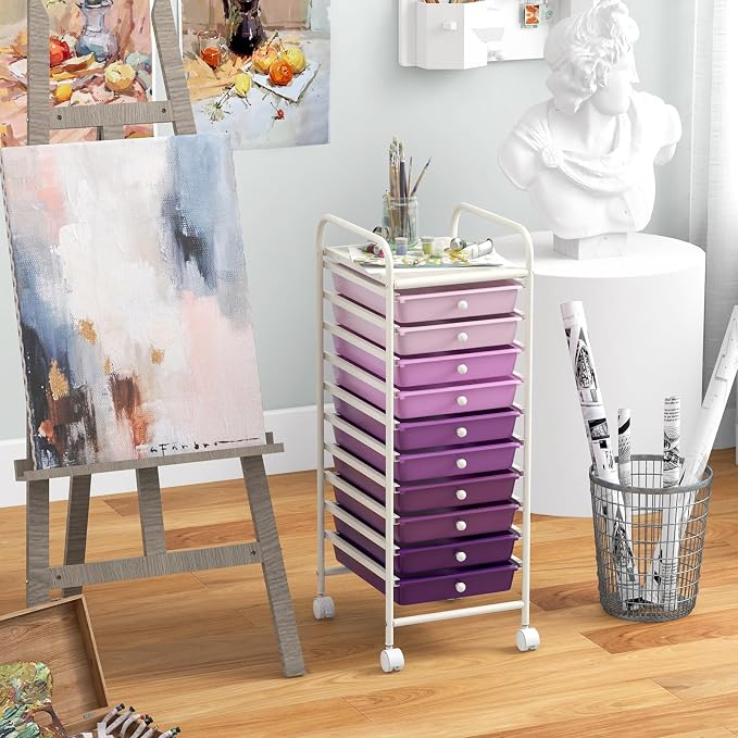 10-Drawer Rolling Storage Cart, Trolley w/Lockable 360° Wheels, 10 Removable PP Drawers, Sturdy Metal Frame, Rolling Utility Cart Perfect for Home, Office, Classroom (Gradient Purple)