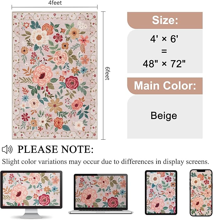 DUKINO 4x6 Feet Office Chair Mat, Lightweight Non Slip Washable Floral Area Rug, Indoor Low Pile & Non-Shedding Boho Design Rugs for Bedroom, Living Room, Dining Room, Beige