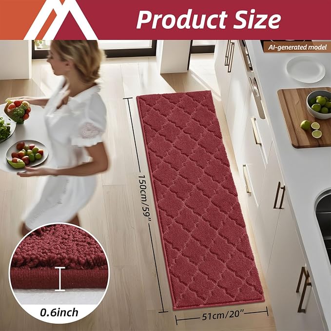 COSY HOMEER Soft Kitchen Floor Mats for in Front of Sink Super Absorbent Rugs and 20"x59" Non-Skid Mat Standing Washable,Polyester,Red