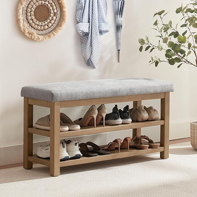 Zihanhome 2 Tier Shoe Rack Bench with Cushion, Solid Wood Shoe Benches, Mid-Century Modern Shoe Storage Bench for Entryway, Hallway, Living Room, Closet, Front Door Entrance, (Grey, 39.4")