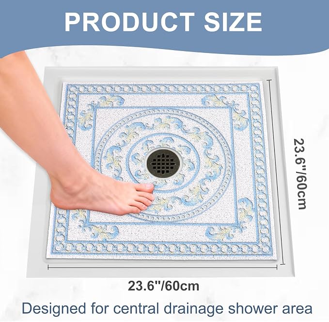 Square Shower Mat Non Slip: 24x24 Inch Extra Large Shower Mats with Drain Hole in Middle -Anti Slip Shower Mats for Inside Shower -Loofah Shower Floor Mat Bath Mat for Shower Stall Bathtub Elderly