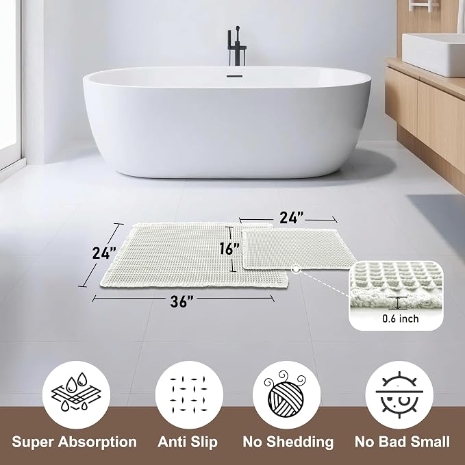 JIUZHEN Set of 2 Waffle Bath Mats Super Absorbent Boho Bath Rugs Non Slip Washable Bathroom Rugs Ultra Soft Machine Washable Shower Mats for Bathroom Floor, Tub, 16" x 24" +24" x 36", Cream