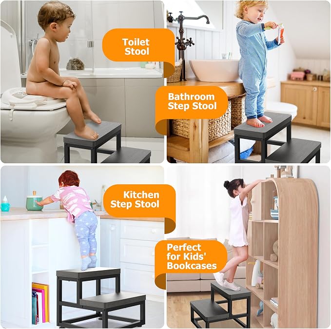 2 Step Wooden Step Stools for Adults Kids, Heavy Duty Stepping Stools Wooden Bed Step Stools for High Beds, Non-Slip 2 Bedside Foot Stool with 500 Lbs Capacity, Kitchen, Bed, RVS Step, Gray