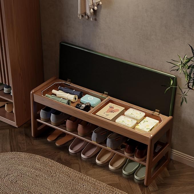 AQIMUELE Shoe Rack Bench,2 Tiers Shoe Bench with Storage with Flip-Top,Wood Shoe Rack for Entryway,Hallway（Green Upholstered Seat,11.8" D x 39.3" W x 15.7" H）