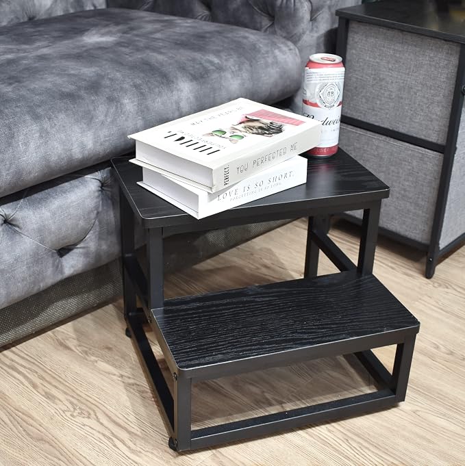 SZLHANJZ Step Stool, Bedside Steps for High Beds with Round Corners, 2 Steps Footstool for Adults, Metal and Wood Stepping Stool for Kitchen Bedroom, Load 500 LB, Black