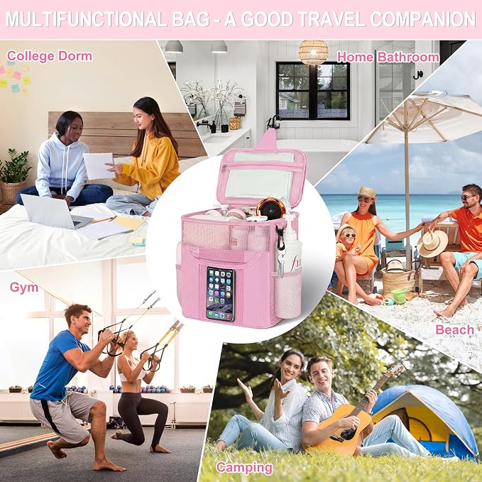 Attmu Shower Caddy Portable for Dorm Room Essentials, Hanging Shower Bag for College, Large Capacity Mesh Shower Caddy for Bath Essentials (Light Pink)