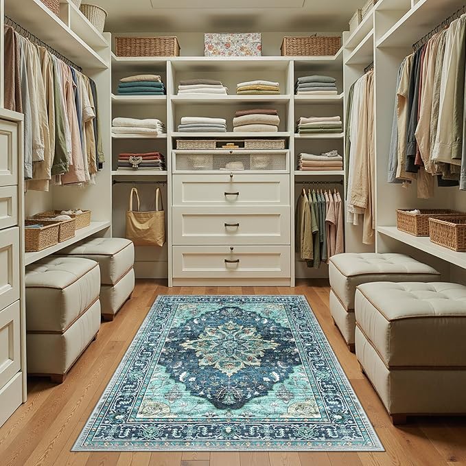 RELEANY Area Rugs 3'x5' Washable Non-Slip, Floral Vintage Distress Medallion Carpet for Living Room Bedroom Dining Room, Teal Green Lake Blue Turquoise