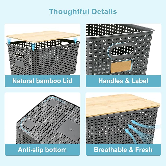 Bagnizer 2 Pack Tall Plastic Storage Bins with Bamboo Lids, 10.8qt Stackable Storages Baskets for Organizing Desktop Closet Playroom Classroom Office, 12"L x 8.3"W x 6.1"H, Gray