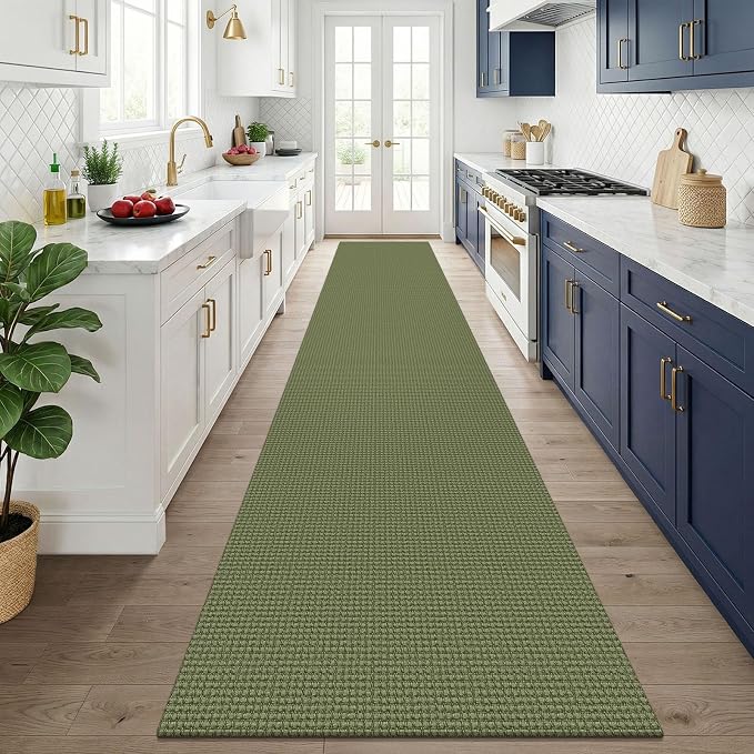 KOZYFLY 3x14 Runners Rugs for Hallway, Long Washable Runner Rug, Non Slip Rubber Backed Kitchen Runner, Flatweave Entryway Rug, Floor Carpet for Entry, Aisle, Hall, Olive Green/Earthy Green