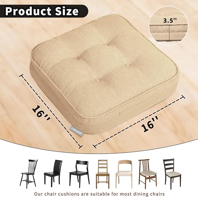 GOFORIT Memory Foam Cushion，Square Seat Cushions for Dining Chairs,Non-Slip Chair Pads with Removable Cover, 16'' x 16'', 2 Pack,Khaki