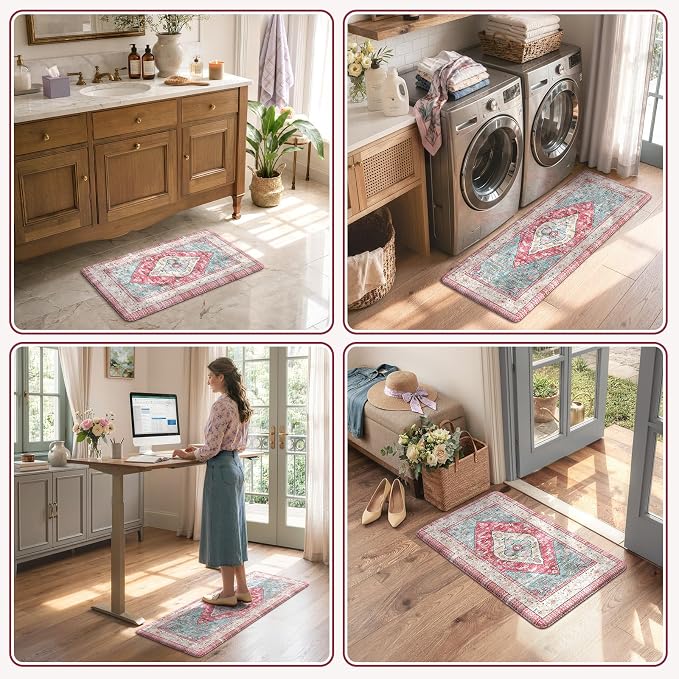 KIMDOE Kitchen Rugs and Mats 2 PCS Cushioned Anti Fatigue Kitchen Floor Mat Non-Skid Waterproof Kitchen Runner Rug Rose Red Laundry Room Rug Boho Desk Mat for Home Kitchen Decor, Floors, Office