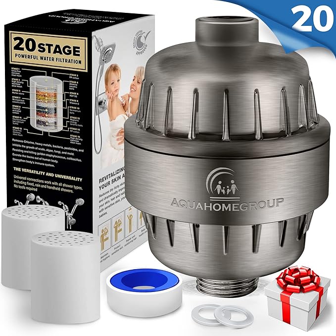 AquaHomeGroup 20 Stage Shower Filter with Vitamin C E and A - Reduces Chlorine, Heavy Metals and Sediment - 2 Cartridges Included - Consistent Flow - Brushed Nickel