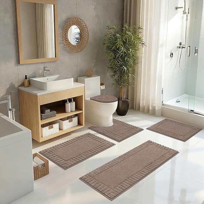 Pauwer Bathroom Rugs Set 5 Piece Non Slip Washable Bath Mat Set with U Shaped Contour Toilet Rugs Plush Absorbent Microfiber Shower Mat and Toilet Lid Cover for Bathroom, Coffee