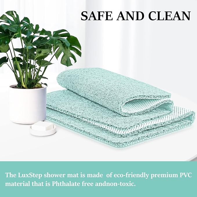 LuxStep Shower Mat Bathtub Mat,40x16 inch, Non-Slip Bath Mat with Drain, Quick Drying PVC Loofah Bathmat for Tub,Shower,Bathroom,Green