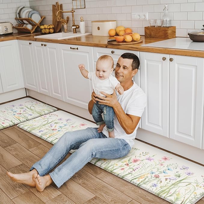 KIMODE Anti Fatigue Kitchen Mats for Floor, Farmhouse Floral Kitchen Rugs Set of 2, 17"x59"+17"x29" Kitchen Floor Mats Non-Slip, Cushioned Standing Mat for Sink, Laundry, Desk, Home White