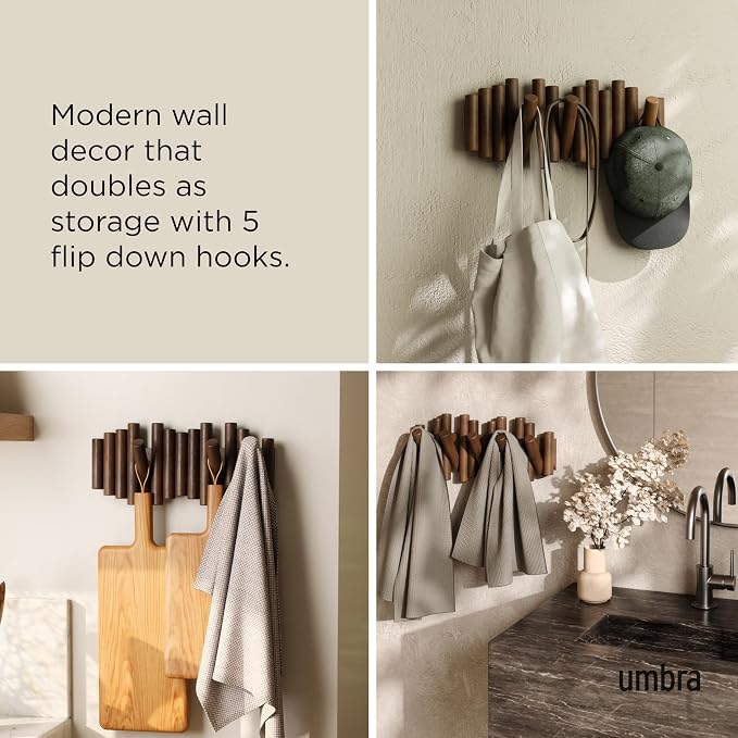 Umbra Picket Wall-Mounted Coat Rack Rail Hook with 5 Retractable Wood Pegs – Modern, Space-Saving Storage Organizer, Walnut
