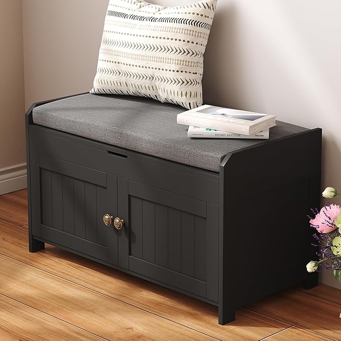 HOMEFORT 30" Shoe Bench with Lift Top Storage, Entryway Bench with Cushioned Seat, Wooden End of Bed Bench, Shoe Cabinet Bench with Hidden Storage Space, for Bedroom, Hallway,Black