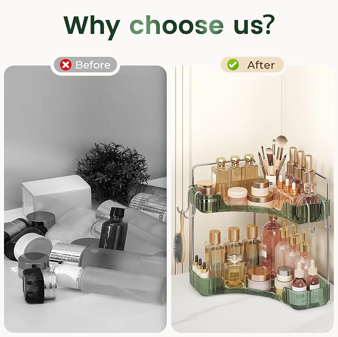 Corner Counter Organizer, 2-Tier Bathroom & Kitchen Storage Tray with Hooks | PET Green Vanity Organizer for Skincare, Makeup & Jewelry