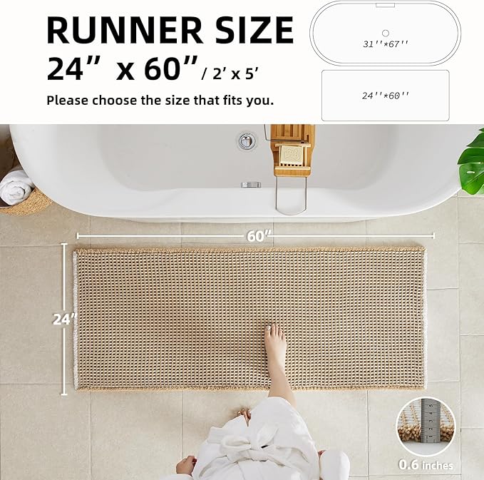 TYUU Waffle Runner Rug Bathroom, Long Boho Bathroom Rugs Non Slip Washable Super Absorbent Quick Dry Farmhouse Bath Decor, 60"x24" Khaki and White