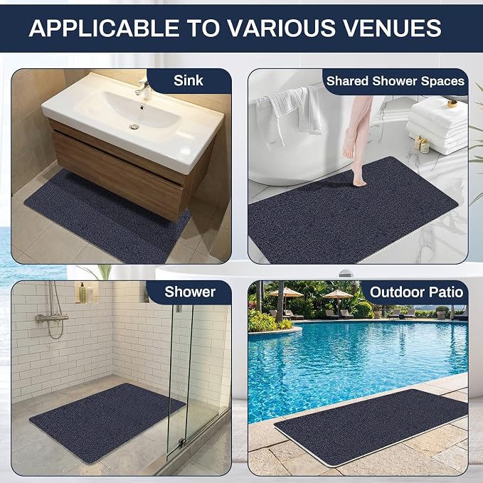 Non Slip Shower Mat 24"x16" - PVC Loofah Bath Mat with Drain, Loofah Bath Mats for Home, Poolside Entryway, Soft Comfort Shower Slip Mat for Adults, Washable & Resistant, Blue
