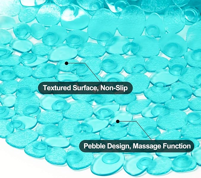 WELTRXE Pebbles Bath Mat Oval Non-Slip Bathtub Mat with Suction Cups, Drain Holes for Bathroom Showers, Tub, Machine Washable, BPA, Latex Free Safe Shower Mats, 27 x 14 Inch, Teal