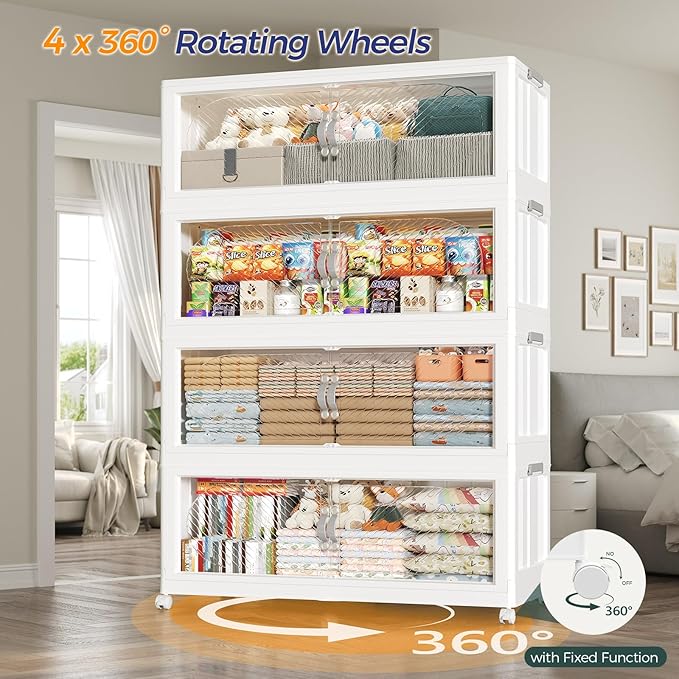 800QT Extra Large Stackable Storage Bins with Lid, 200Gal Plastic Closet Organizers and Storage Drawer, Collapsible Cabinet Box with Wheels Clear Doors for Home Kitchen Office, 5Pack White