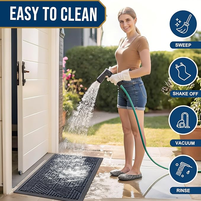 Smiry Front Door Mat Outside Entrance, Heavy Duty Sturdy Natural Rubber Doormat, Trap Dirt and Moisture, Easy Clean Low Profile Mats for Indoor Outdoor Entry, Irregular Triangle (29.5x17, Navy Blue)