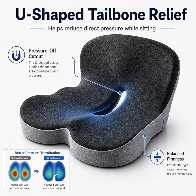 Orthopedic Cushion for Car, Extra Wide Thick Seat Cushion for Long Haul Driving with High Density Support and U-Shaped Tailbone Relief for Truck Drivers and Commuters (Dark Grey)