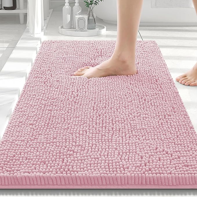 Smiry Luxury Chenille Bathroom Rugs 30x20, Extra Soft and Absorbent Shaggy Bath Mat, Machine Washable, Non-Slip Plush Carpet Runner for Tub, Shower, and Floor, Home Decor Accessories, Dusty Rose