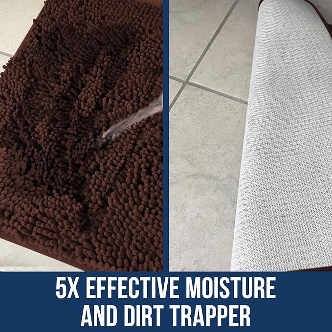 Muddy Mat® | Chenille Bathroom Rugs Quick Dry Microfiber Mats Non Slip Washable, Extra Thick, Soft and Highly Absorbent Bath Mats for Bathroom, Kitchen, and Shower Floor - Brown 24"x59"