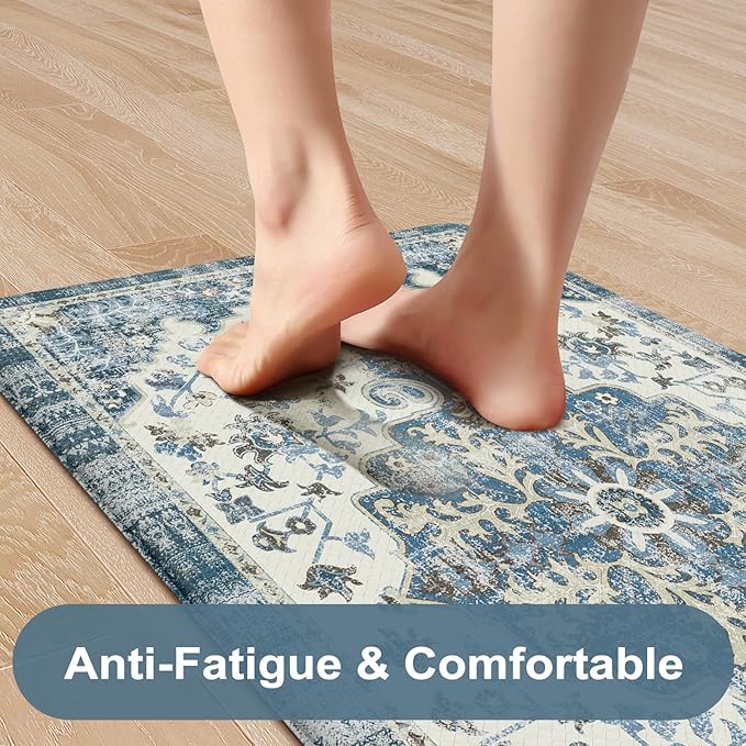 KIMODE Anti Fatigue Kitchen Mats, 17"x47"+17"x29" Boho Vintage Kitchen Rugs Sets of 2, Non Slip Kitchen Mats for Floor, Cushioned Kitchen Floor Mats for Sink Laundry Office Desk Blue Multi