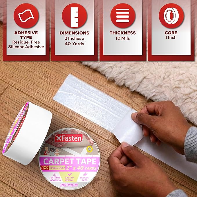 XFasten Double Sided Carpet Tape - Heavy Duty 2” x 40 yd, 1” Core Carpet Tape for Area Rugs Over Carpet, Keep Rug in Place, Double Sided Rug Tape Hardwood Floor