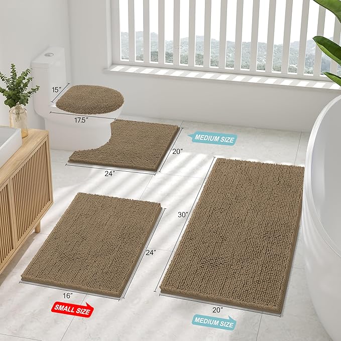 Smiry Luxury Chenille Bathroom Rugs 40x24, Extra Soft and Absorbent Shaggy Bath Mat, Machine Washable, Non-Slip Plush Carpet Runner for Tub, Shower, and Floor, Home Decor Accessories, Camel