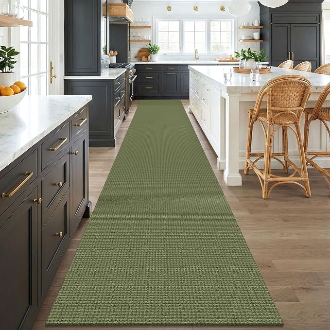 KOZYFLY 3x18 Runners Rugs for Hallway, Extra Long Washable Runner Rug, Non Slip Rubber Backed Kitchen Runner, Cotton Entryway Rug, Floor Carpet for Entry, Aisle, Hall, Olive Green/Earthy Green