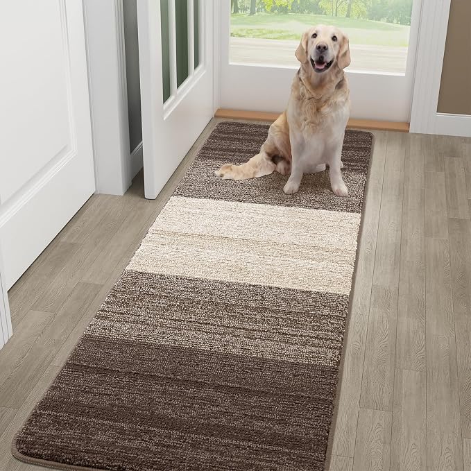 Kitinjoy Indoor Outdoor Door Mat, 59x20 Non-Slip Absorbent Dirt Trapper, Low-Profile Washable Inside Entrance Front Floor Mat, Sturdy Soft Entry Doormats for Entryway, Light Brown
