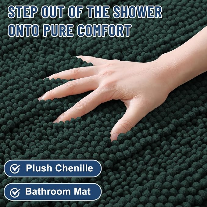 Grandaily Chenille Striped Bathroom Rugs 24x16, Extra Thick and Absorbent Bath Mats, Non-Slip Soft Plush Shaggy Shower Carpet, Machine Wash Dry, Bath Rug for Bathroom, (Small, Dark Green)
