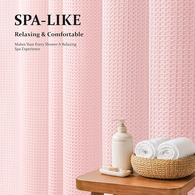 Dynamene Pink Fabric Shower Curtain - Waffle Weave Textured Heavy Duty Cloth Shower Curtains for Bathroom, 256GSM Hotel Luxury Weighted Bath Curtain Set with 12 Hooks,72x72, Pink