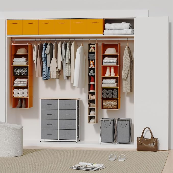 MAX Houser 6-Shelf Hanging Closet Organizer, Hanging Storage Shelves with 2 Sturdy Hooks Space-Saving for Bedroom, Foldable (Yellow)
