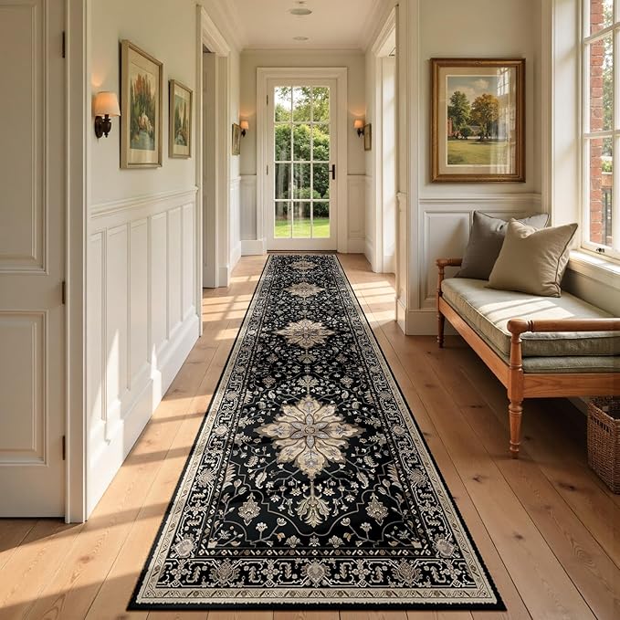 RELEANY Area Rugs Runner 2'6"x10' Washable Non-Slip, Floral Vintage Distress Medallion Carpet for Kitchen Hallway Bedroom Beside Laundry Room Bathroom, Black Brown Neutral Dark Tan