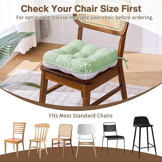 BETU Chair Cushions for Dining Chairs Set of 6,3.5" Thick Kitchen Table Chair Pads with Ties,Non Slip Backing and Covers, Home Decor Seat Cushion for Dining Room,Bar,Patio Chairs15.5"X15.5"X3.5"Green