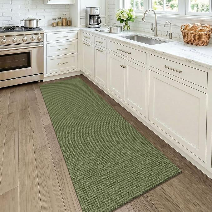 KOZYFLY Woven 2x7 Washable Kitchen Runner Rug, Non Slip Runners for Hallway, Cotton Entryway Runner, Braided Floor Carpet for Entry, Kitchen, Bedside, Hall, Olive Green/Earthy Green
